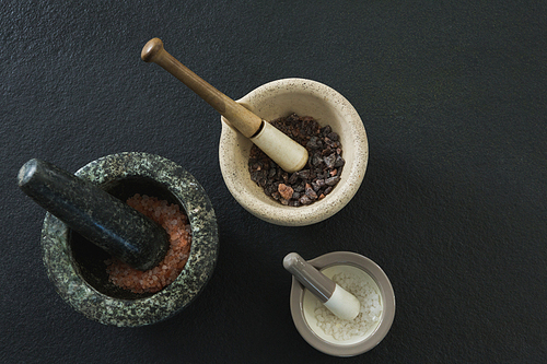 overhead of 씨솔트 and black salt in mortar pestle
