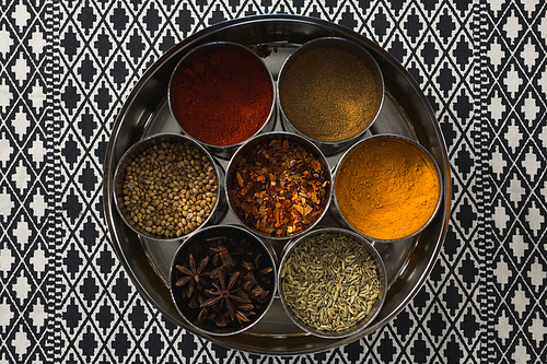 Close-up of various spices in a container
