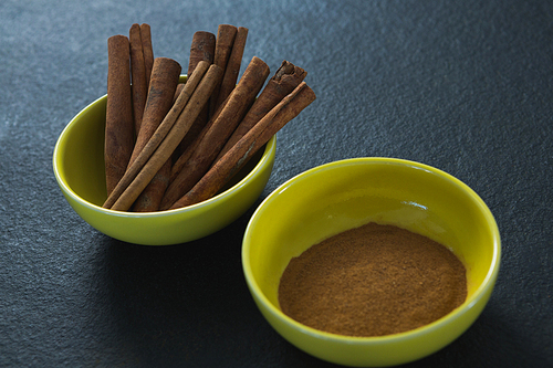 Close-up of cinnamon sticks and powder in a bowl