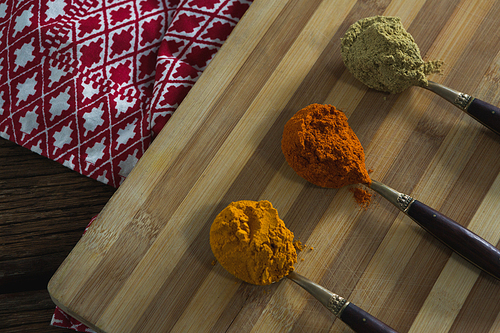 Close-up of turmeric powder, red chili powder, coriander powder on chopping board