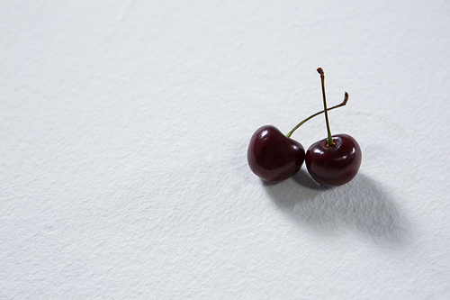 Close-up of cherry fruits on a white background