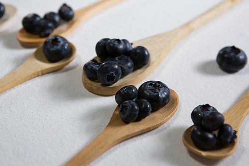 Close-up of blueberries arranged in a spoon on white background