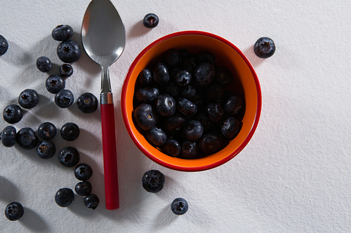 Overhead view of blueberries in a bowl on white background