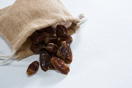 Close-up of burlap sack with palm dates spilling out over a white background