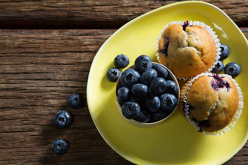 Overhead of blueberries and muffins on plate