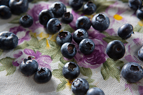 Close-up of blueberries on textile