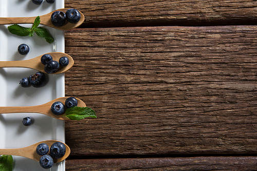 Overhead of blueberries with mint in wooden spoon arranged on tray