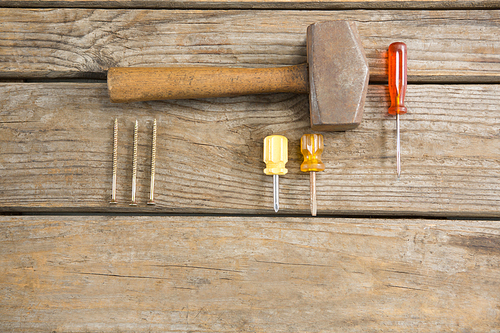 Overhead view of hand tools on wooden table