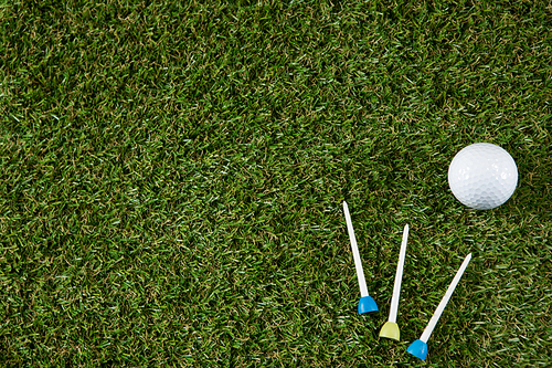 Close up of golf ball with tees on grassy field