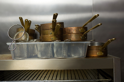 Close-up of kitchen utensils at restaurant