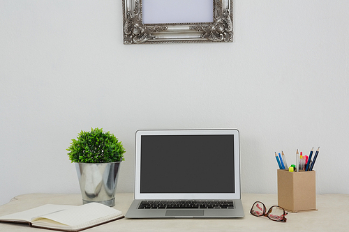 Laptop, pot pant, pencil holder, spectacles and organizer on table in office