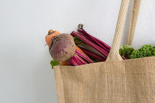 Fresh vegetables in grocery bag against white wall