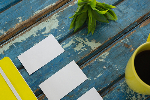 Overhead of blank visiting cards, diary, flora and black coffee on wooden plank