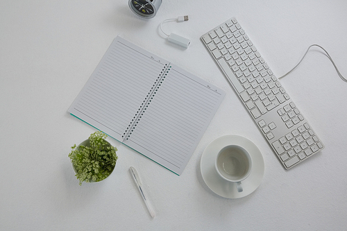 Overhead of keyboard, pot plant, pen, book, coffee cup and saucer on table