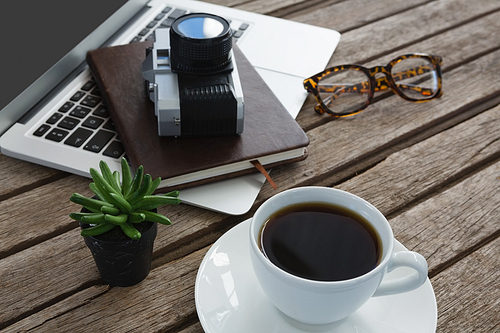 Close-up of black coffee, camera, pot plant, spectacles, organizer and laptop on wooden plank