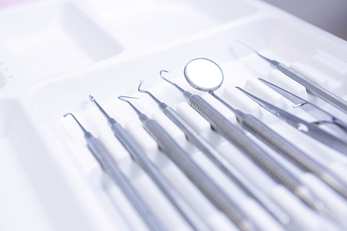 High angle view of dental equipments at medical clinic