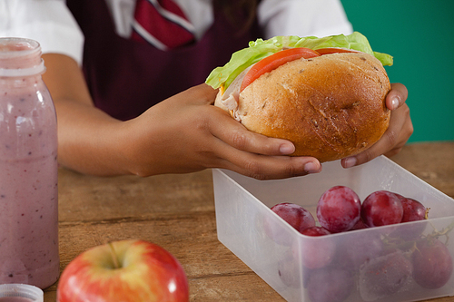 Mid-section of schoolgirl having sandwich