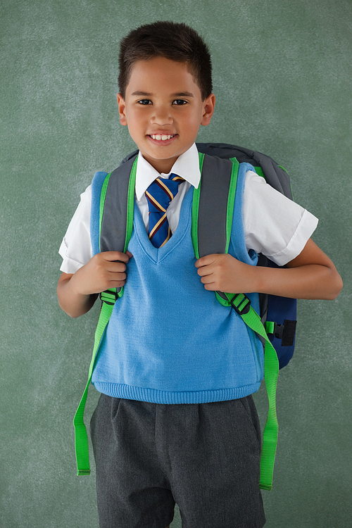 Portrait of schoolboy standing in front of chalkboard in classroom at school