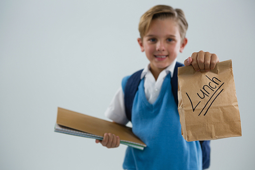 Smiling schoolboy holding book and lunch paper bag against white background