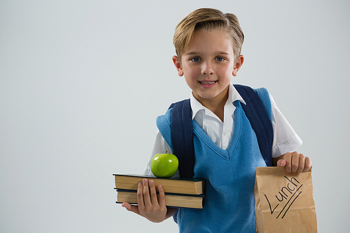 Smiling schoolboy holding books and lunch paper bag against white background