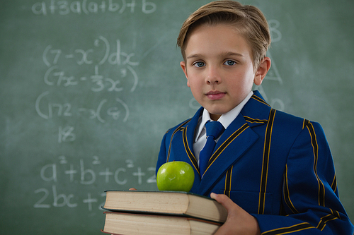 Portrait of schoolboy holding books stack with apple against chalkboard