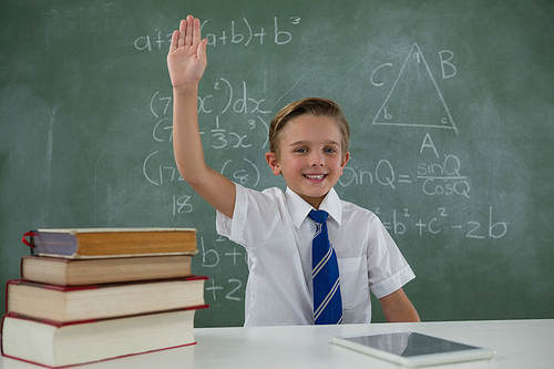Portrait of schoolboy raising hand while sitting in classroom