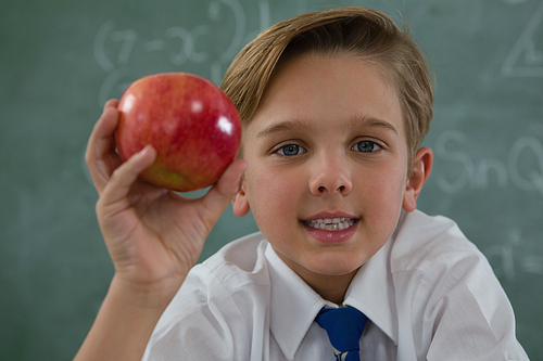 Portrait of schoolboy holding red apple against chalkboard