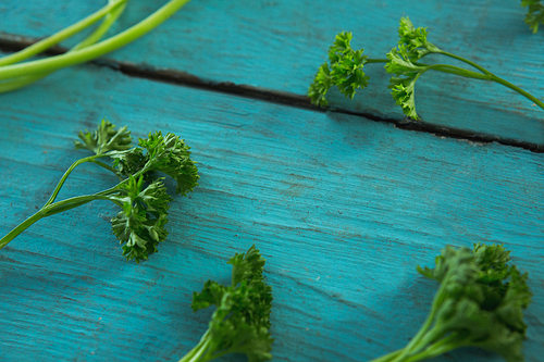 Close-up of fresh coriander leaves on wooden table