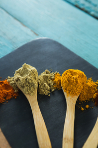 Close-up of various spice powder in wooden spoon