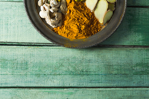 Close-up of various type spices on plate