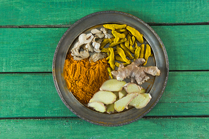 Close-up of various type spices on plate