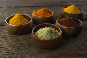 Various type spices in bowl on wooden table