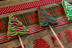 Close up of colorful mint candies on table