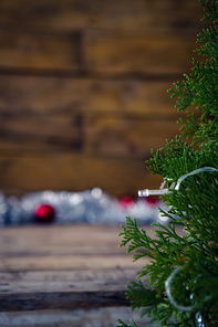 Close-up of christmas tree with fairy lights