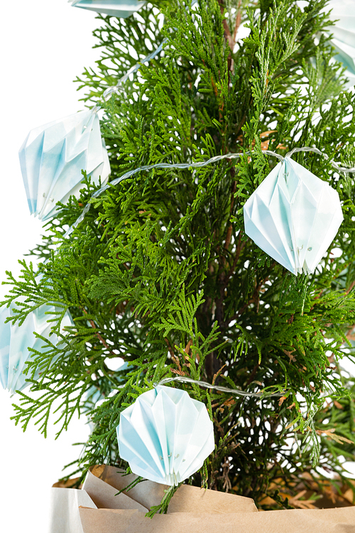 Close-up of christmas tree with decoration against white backgroundd