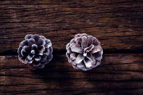 Overhead of pine cone on wooden plank