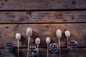 Overhead of dry pine cone stick and pine cone arranged on wooden plank