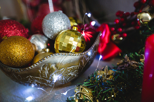 Close-up of christmas bauble in bowl during christmas time