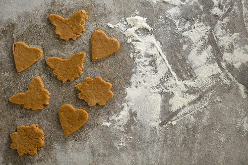 Overhead of various gingerbread dough with flour