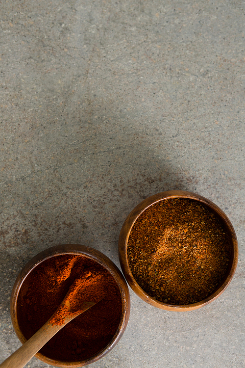 Close-up of cinnamon powder and red chili powder in bowl