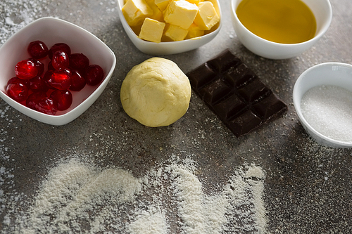 Close-up of various baking ingredients on table