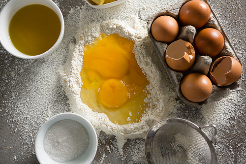 Close-up of egg yolk mixed with flour