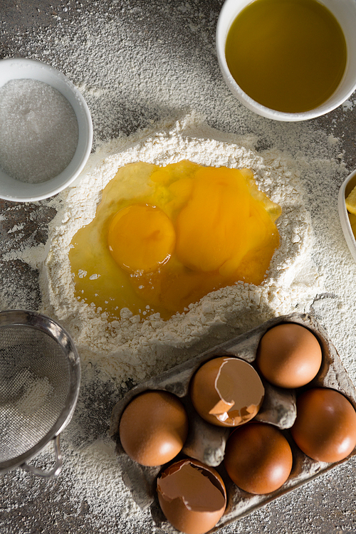 Close-up of egg yolk mixed with flour