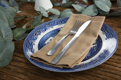 Close-up of plate with fork, butter knife and napkin on wooden table