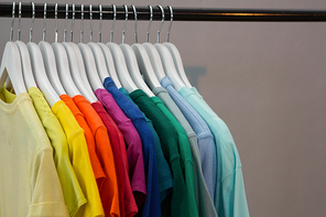 Various t-shirts hanging on cloth hanger against wall