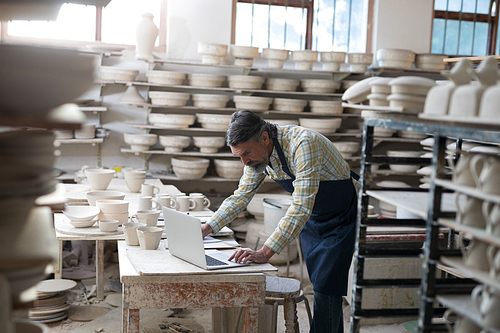 Male potter using laptop in workshop