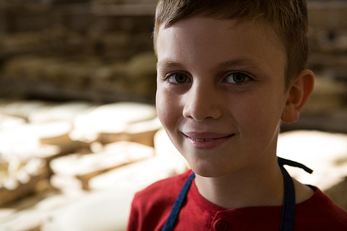 Portrait of smiling boy in pottery workshop