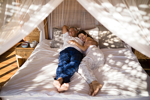 Couple relaxing in canopy bed during morning