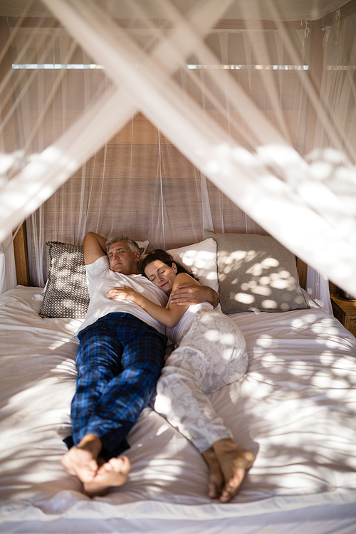 Couple relaxing in canopy bed during morning