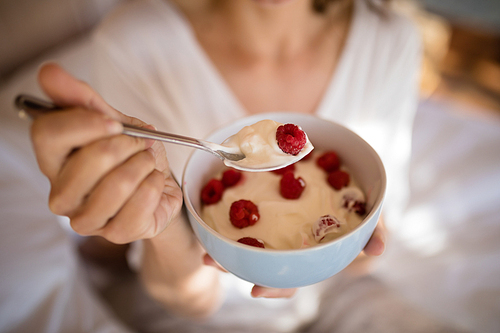 Mid section of woman having breakfast during morning